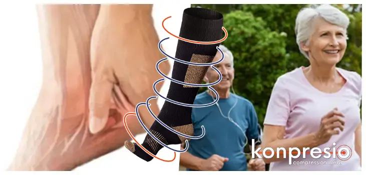 collage of a hurt ankle and an elder couple running happily thanks to Konpresio socks