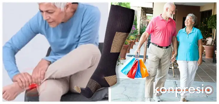 collage of an elder woman's hurting feet and an elder couple shopping happily thanks to Konpresio socks